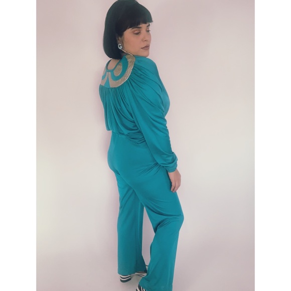 Vintage 60s Space age Teal Silver Pant Blouse Set - Picture 6 of 8